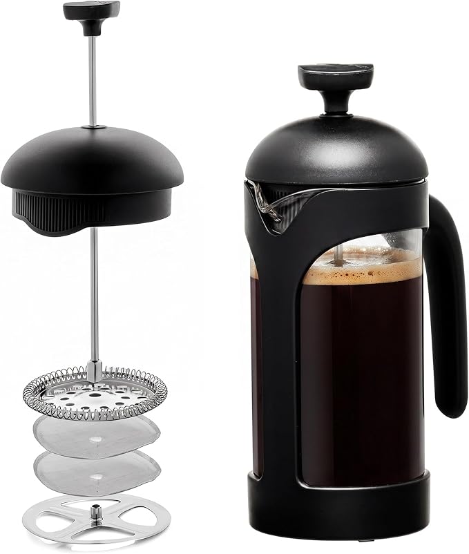 OVENTE 12oz French Press Coffee Maker with 4-Level Filtration, Black FPB12B | Heat Resistant Borosilicate Glass Pot, Dishwasher Safe Stainless Steel Filter, Portable Cafetiere for Travel, Camping or Gift