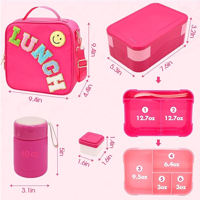 PainZieteg Lunch Box for Girls with 10oz Thermo 6 Compartment Bento Set | Nylon Insulated Lunch Bag with Adjustable Strap, Ideal for Kids, Teens School, Travel, Picnic, Leakproof Thermal Pouch, Green