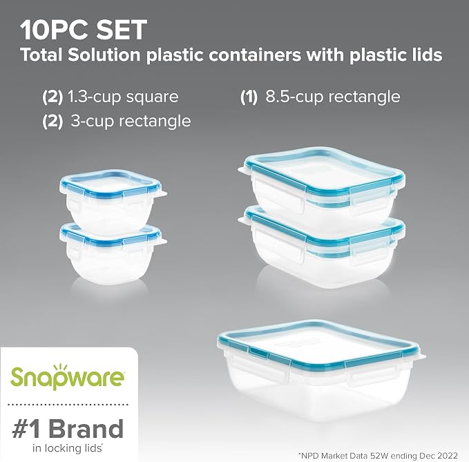 Snapware Plastic Total Solution (5-Pack, Mixed Sizes) Food Storage Set | Meal prep containers with plastic BPA-free lids with 4 locking tabs, microwave, dishwasher, & freezer safe