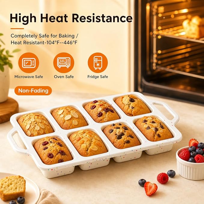 Vinino Mini Silicone Loaf Pans with Metal Reinforced Frame, 8-Cavity, Cream | Non-Stick Easy Release Heat Resistant Bakeware, Reusable Small Mini Banana Bread & Cake Baking Pans for Daily Baking