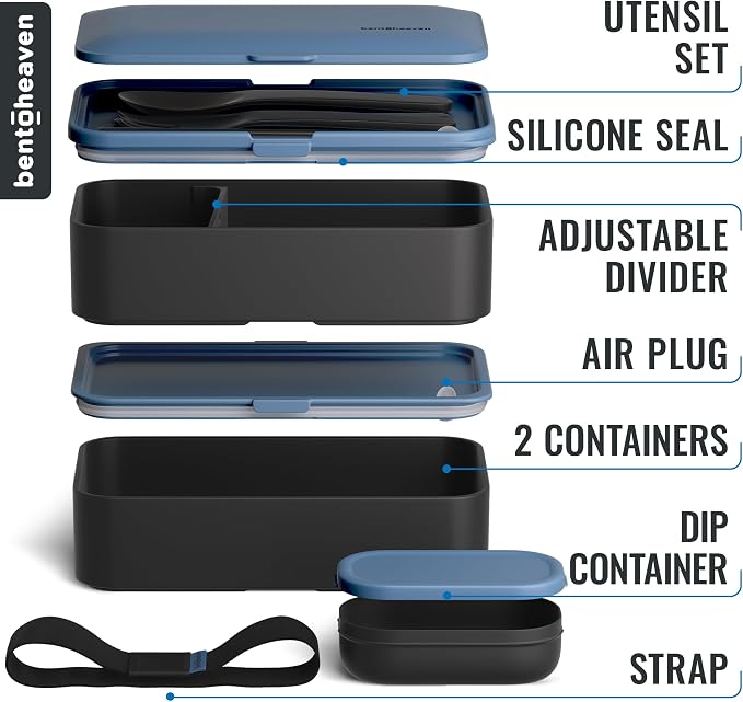 Bentoheaven Bento Box Adult, Stackable Lunch Box, 40 oz, Steel My Heart | BPA-free, leakproof and microwave-safe with 2 compartments, utensils, chopsticks, divider and sauce cup for men and women.