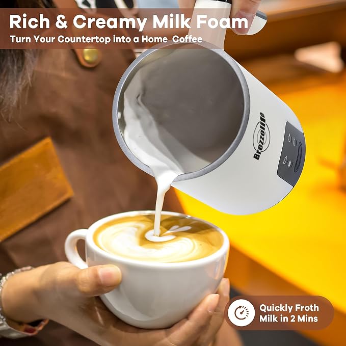 4-in-1 Electric Milk Frother Foam Maker for Latte, Cappuccino, Coffee Lover | 11.8oz Quiet One-Touch Operation Electric Milk Steamer 120s Fast Frothing for Hot/Cold Froth, Morning Coffee Routine, White