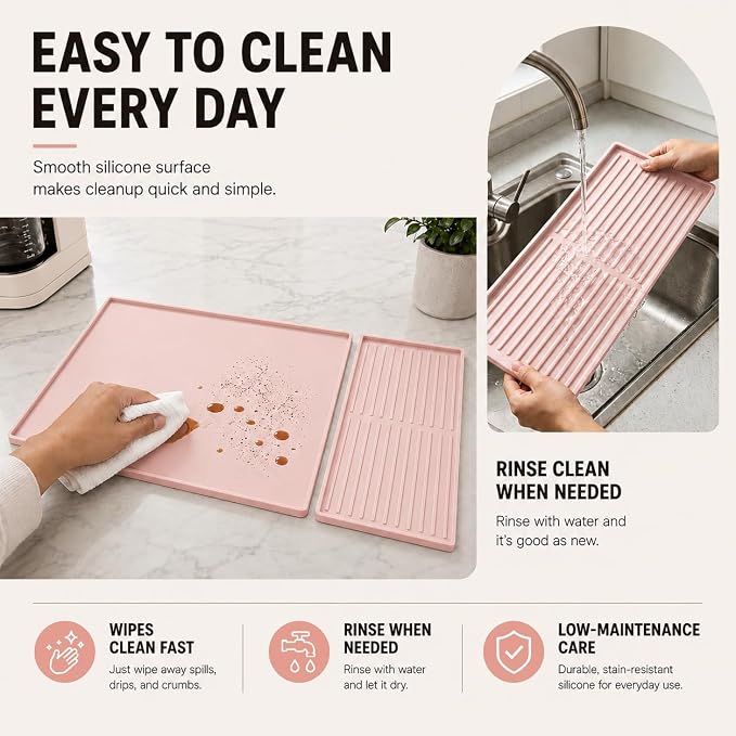 Silicone Coffee Mat 24 x 16 in with Tray, Soft Light Pink | Coffee bar mat for countertop use, coffee station mat or coffee machine mat with removable tray and 0.47 in raised rim.