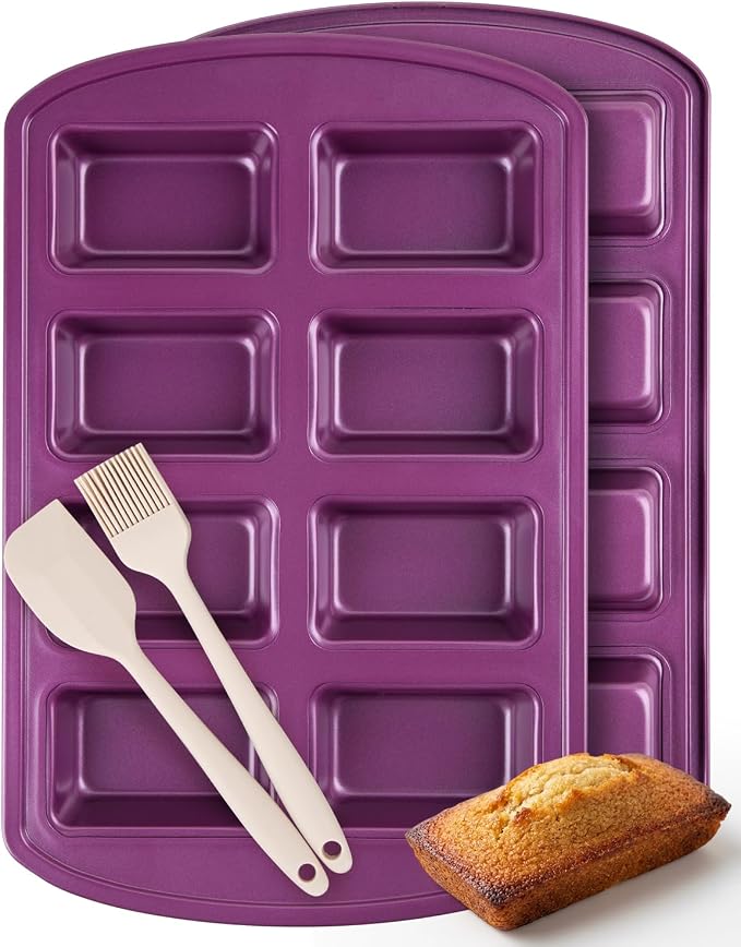 CARTMAN 2-Pack 8-Cavity Mini Loaf Pans, Carbon Steel Bread Pan Set, Purple | Includes spatula & brush, 0.6mm carbon steel, nonstick release, for banana bread, mini meatloaf, ideal for keto & meal prep