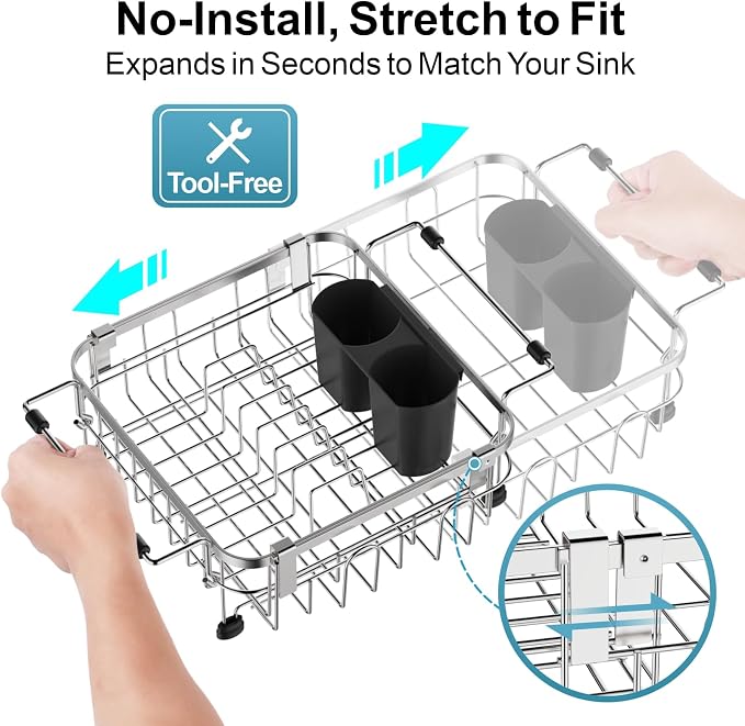 Small in Sink Dish Drying Rack - Expandable Stainless Steel Compact Over The Sink Dish Drainer with Utensil Holder for RV Kitchen Apartment, Silver