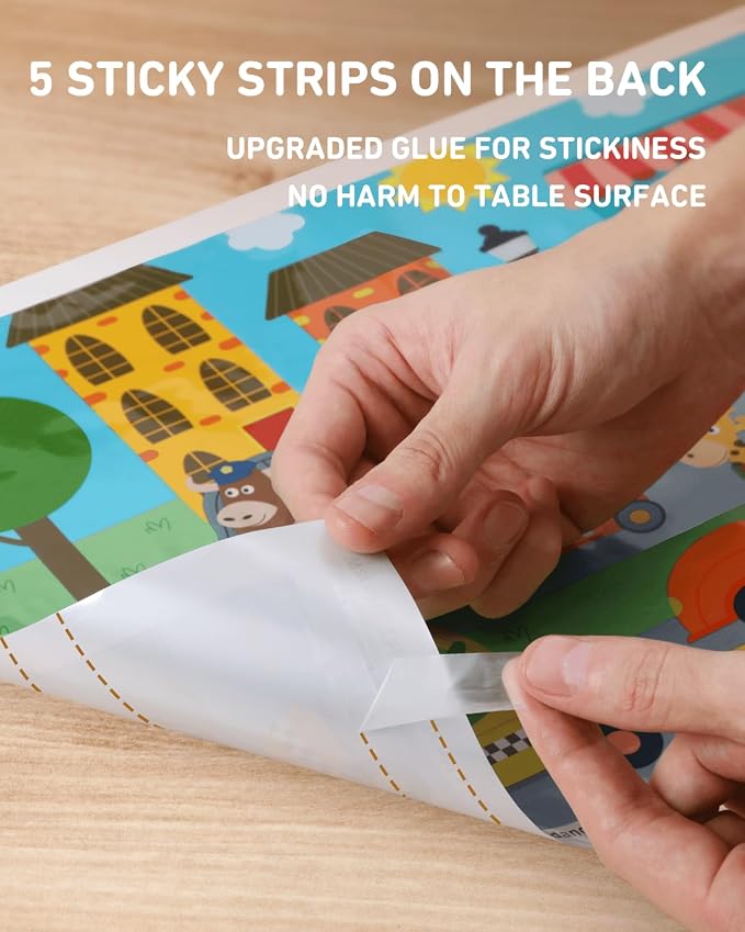 Babebay Disposable Stick-on Placemats 40 Pack for Baby & Kids & Toddler, Sticky Placemats Restaurant Table Mats 12" x 18" (Animals Driving Cars)