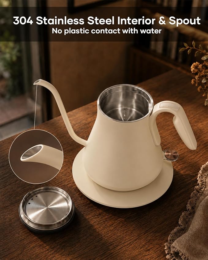 Cocinare Gooseneck Electric Kettle 0.8L, Fast Boil Pour Over Coffee, Tea | 1440W Fast Boil, 304 Stainless Steel Interior, Gooseneck Precision Spout, Auto Shut-Off & Boil-Dry Protection, Morandi White