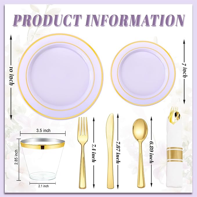350PCS Purple Plates Disposable - Purple Plastic Plates 50Guests Lavender Disposable Dinnerware Sets with Rolled Napkins for Wedding/Birthday/Baby Shower/Bridal Shower