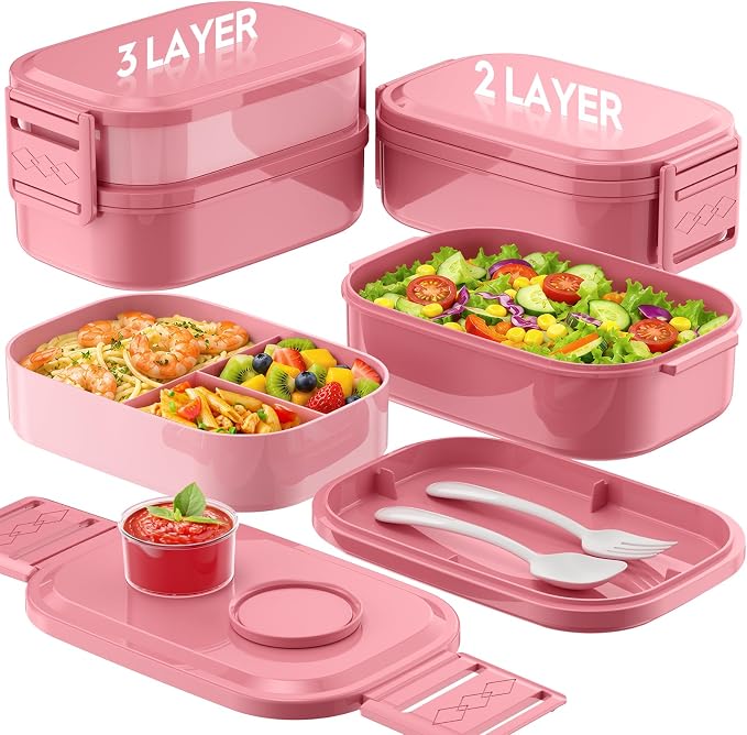 BiuLeon Bento Box Adult Lunch Box, 65 Oz Capacity Lunch Containers(Adjustable 2/3 Tier), BPA-Free, Leak-Proof and Stackable Bento Lunch Box, Microwave & Dishwasher Safe with Utensils(Pink)