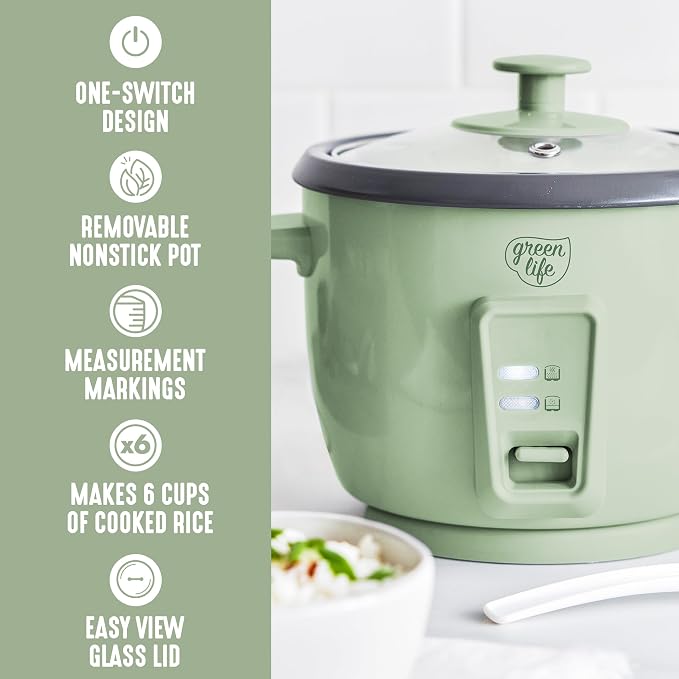 GreenLife Rice Cooker, 3-Cups Uncooked/6-Cups Cooked, Sage Green | PFAS-Free Ceramic Nonstick Removable Pot, One-Switch Design, Grains Multicooker, Keep Warm, Dishwasher Safe Parts, Easy Clean
