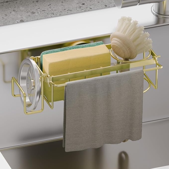TAILI 4-in-1 Sponge Holder for Kitchen Sink with Strong Suction Cup-Gold | Removable Rustproof 304 Stainless Steel Multi-compartment Sponge Holder with Suction Cup, Keeps Brushes & Scrubbers Tidy