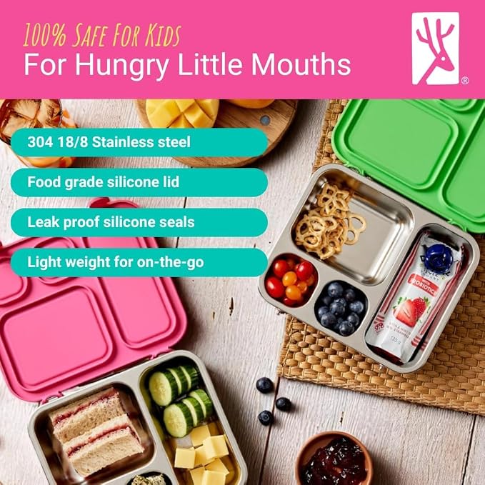 Elk and Friends Kids Stainless Steel Bento Box with Silicone Lid | Leak-proof | Toddler Lunch Container | 4 Compartments | Dishwasher Safe