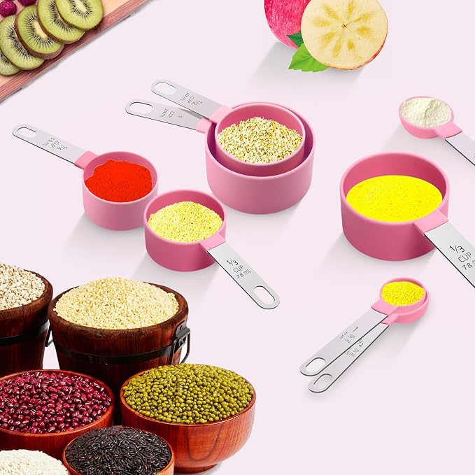 Measuring Cups Set Measuring Spoons Set, Nesting Measure Cups with Stainless Steel Handle, For Measuring Dry and Liquid Ingredients Small Teaspoon with Plastic Head (Pink)