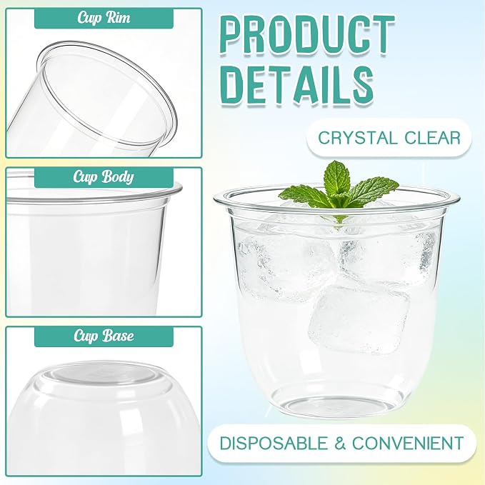 Alaeseje 100 Pcs Disposable Stemless Wine Glasses,12 oz Cocktail Cups | Round Bottom Clear Plastic Party Cups for Meeting Weddings Birthday Party Supplies
