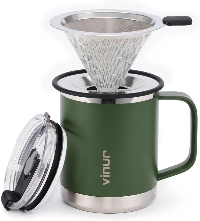 VINUR Stainless Steel Pour Over Coffee Maker-12 oz Insulated Coffee Maker | Stainless Steel Double Wall Vacuum Insulated Coffee Maker With Stainless Steel Filter for Home, Camping, Office (Grass Green)