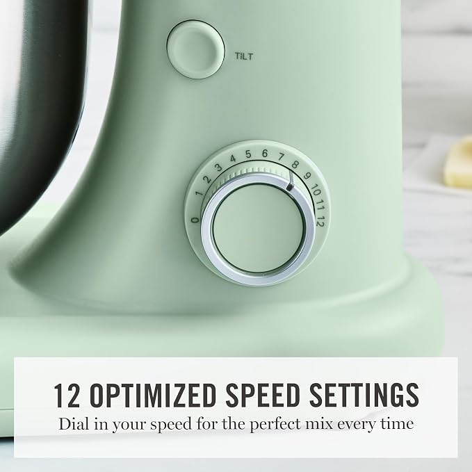 Martha Stewart 5.3QT Tilt Head Stand Mixer, 12 Speeds, Stainless Steel Bowl | Dough Hook, Stainless Whisk, Beater, Removable Splash Shield, Bread, Cake & Whipping, Electric Kitchen Mixer, Honeydew Green