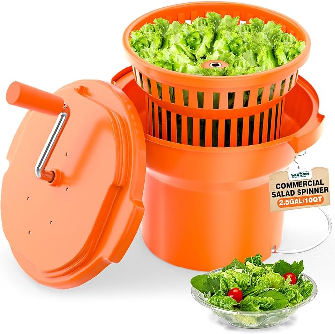 WantJoin Commercial Salad Spinner - [2.5 Gallon Salad Dryer] w/Aluminum Handle & [Draining Hose], 10Qt Manual Salad Spinner for up to 3 Heads of Lettuce Spinner Large for Catering Kitchen, Orange
