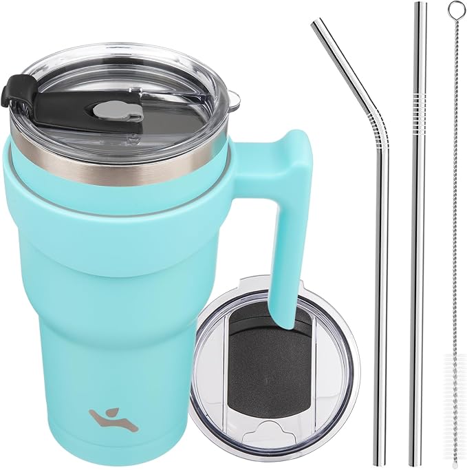 Konokyo 30 oz Tumbler with Handle and Straw, Insulated Travel Mug | Turquoise; BPA-free, leak-proof tumbler with 2 lids, 2 straws, cup holder fit for coffee, office, travel & daily use