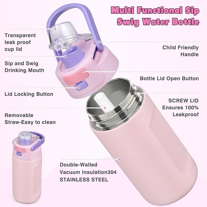 Bento Lunch Box for Kids with 7oz Soup Thermo,Insulated Stainless Steel Kids Water Bottle with Straw and Insulated Lunch Bag,Leak-Proof Lunch Food Container with Ice Pack for School(Pink)