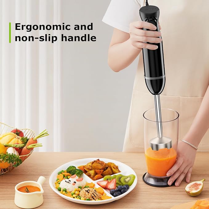 Bonsenkitchen Immersion Hand Blender, Smoothie, Puree, Baby Food | Electric Handheld Mixer Portable Stick Mixer with Stainless Steel Blades for Soup, Emulsion Blender with 2 Mixing Speed