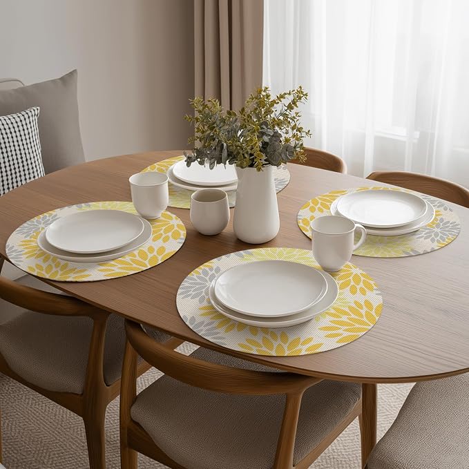 Artoid Mode Yellow Dahlia Plastic Round Placemats Set of 4, 14 Inch Seasonal Washable Woven Vinyl Table Mats for Farmhouse Party Kitchen Dining Decor