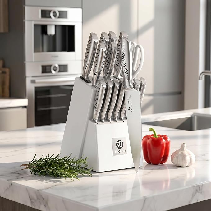 imarku 15PCS Knife Set, High Carbon Stainless Steel Blades with Sharpener | Rust-Resistant Design, Long-Lasting Sharpness, Comfortable Grip, Easy Cleaning, Durable Daily Performance, Organized Storage