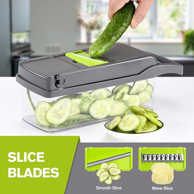 KEOUKE Vegetable Chopper Mandoline Slicer Grey - 12 in 1 Interchangeable Blades Food Chopper with Container, Hand Guard & Drainer, Veggie Dicer Kitchen Gadget for Onion, Cucumber, Tomato, Fruit