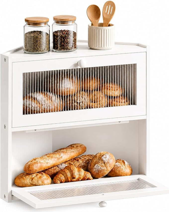 BAMBANG Corner Bread Box for Kitchen Countertop, Double Layer Bamboo Bread Storage Container with Wavy Windows, Farmhouse Large Bread Bin, Wooden Breadbox Holder for Homemade Bread (White)