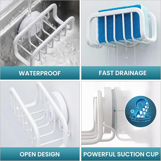 TAILI Rustproof Sponge Holder for Kitchen Sink with Suction Cup-White | Rustproof Aluminum Sink Caddy for Sponges, Brushes, Stoppers & Scrapers,Removable Ventilated Quick-dry Design, Holds Up 11lbs