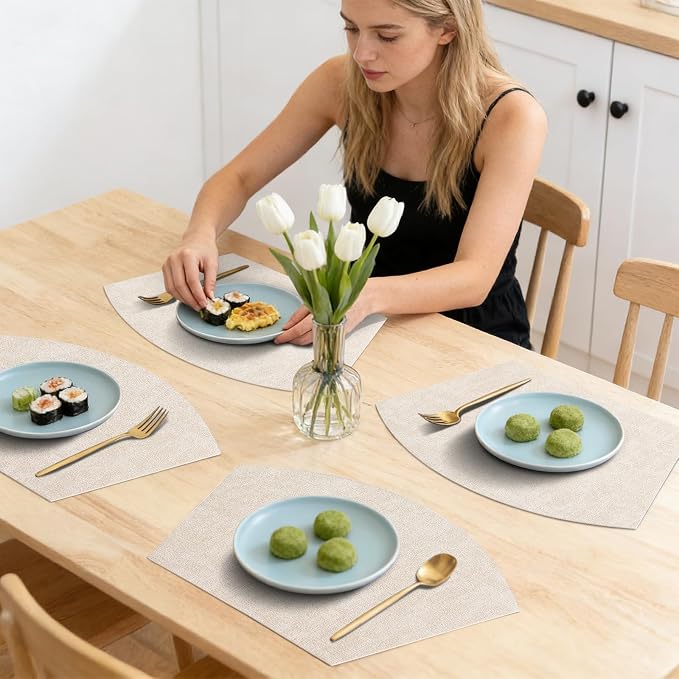 Homaxy Wedge Faux Leather Placemats for Round Table, Set of 6, Beige | Waterproof Wipeable Washable Table Mats, Easy to Clean Anti-Slip Place Mats, 11.8" x 17"