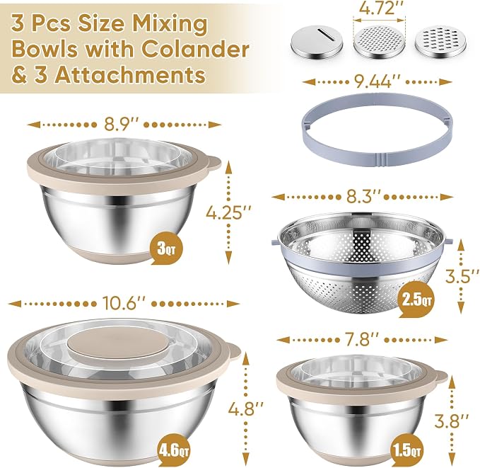 P&P CHEF Mixing Bowls with Lids, Metal Mixing Bowl with Colander, Khaki | 3 PCS Stainless Steel nesting bowls for Prepping, Storing, Colander for Draining, 3 Grater Attachments & Non-Slip Bottoms