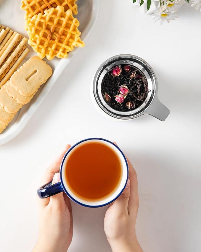 vancasso SELENE Porcelain Tea Mug, 18 oz Porcelain Tea Cup with Infuser and Lid Steeps Loose Leaf Tea, Microwave & Dishwasher Safe, Daisy Cluster