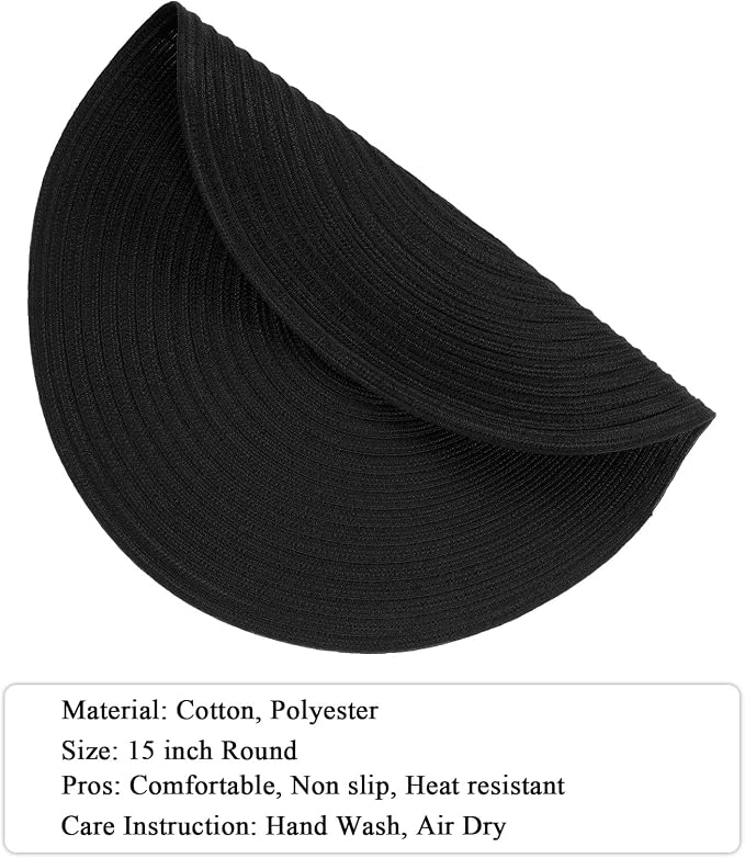 SHACOS Black Round Placemats Set of 12 Heavy Cotton Polyester Woven Braided Place Mats Washable Heat Resistant Non Slip Table Mats