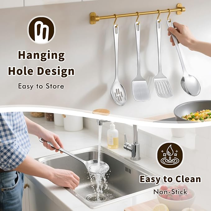 4 Pcs Cooking Utensils Set, Stainless Steel Kitchen Utensils, Heat Resistant Metal Kitchen Tools Include Solid & Slotted Turner Wok Spatula, Serving Spoon, Ergonomic Handle, Easy to Clean, Silver