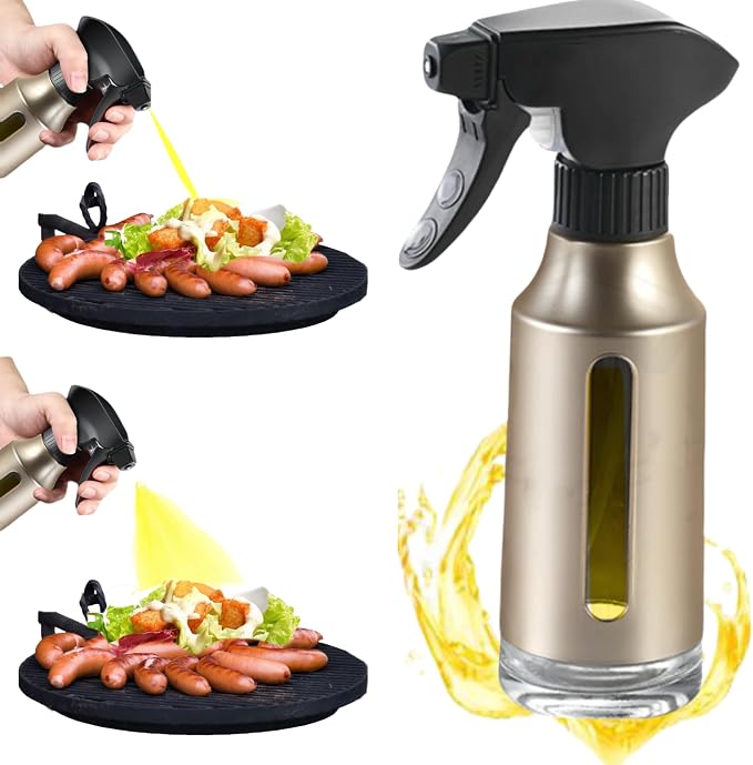 Oil Sprayer for Cooking, Olive Oil Sprayer, 180ml Oil Spray Bottle for BBQ, Roasting, Salad, Kitchen Gadgets Accessories for Air Fryer. Thick Glass, Fan mist, Strong Spray Force. (Classic, Gold)