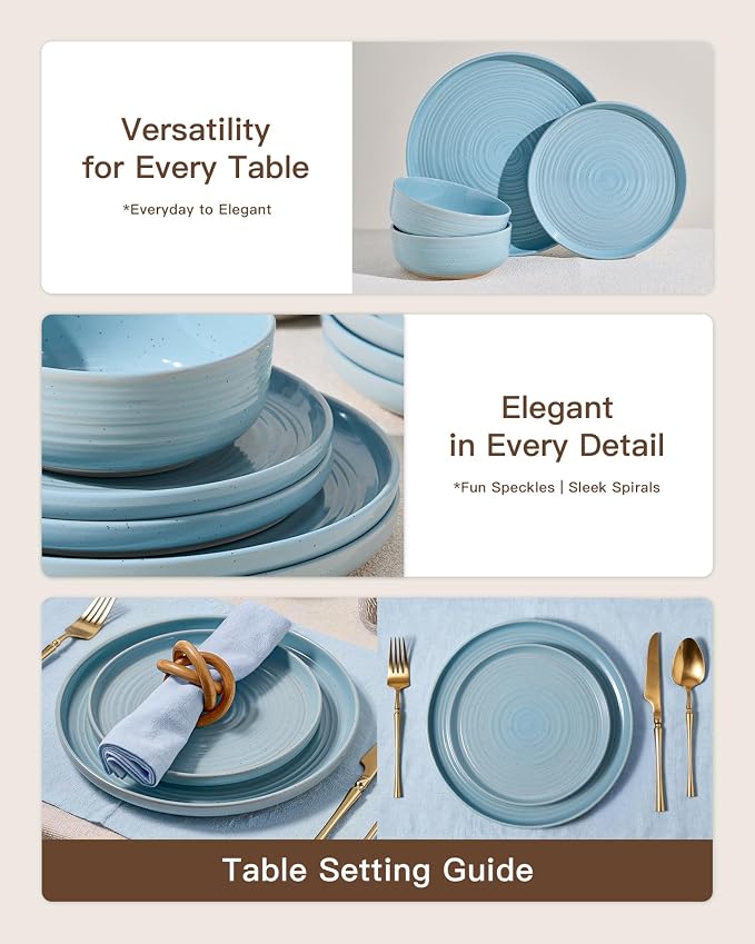 Dinnerware Sets for 4, Ceramic Plates and Bowls, Ice Blue | 12-Piece Ceramic Speckled Spiral Dishes, Chip & Scratch Resistant, Microwave & Dishwasher Safe, Everyday Use, Farmhouse Style