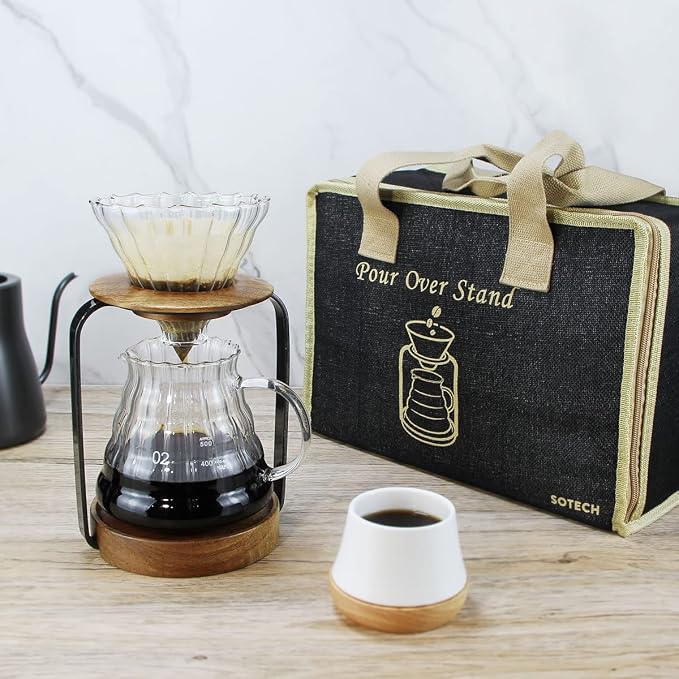 SOTECH Pour Over Coffee Station Dripper Stand Coffee Filter Wooden Filter Holder Glass Server with Paper Coffee Filters, Coffee Maker Stand Set for Coffee Tea and Saffron