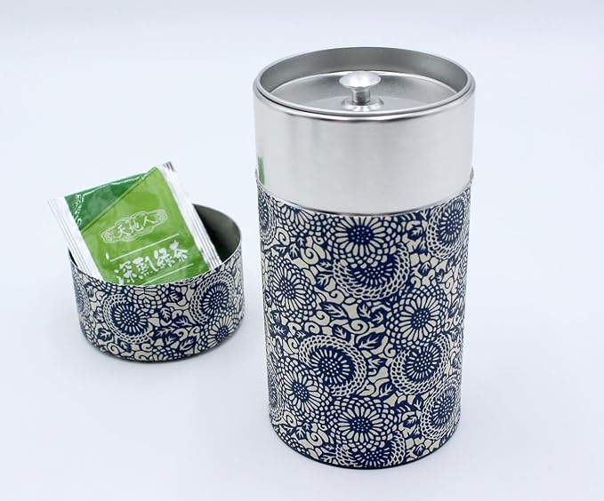 Japanese Pokkan Matcha Coffee Spice Tea Tin Canister Washi Paper Storage with Lid 7.05 oz Capacity (Kiku Karakusa)