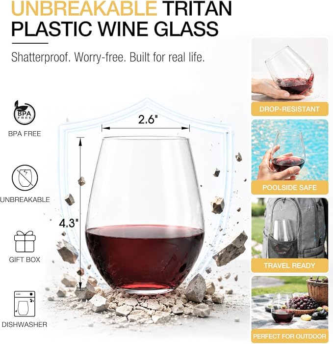 Plastic Stemless Wine Glasses Set of 6, Reusable BPA-Free Tritan Plastic Wine Cups, Unbreakable Wine Glasses for Outdoor Use, Poolside, Party, Camping, 16-Ounce, Lightweight