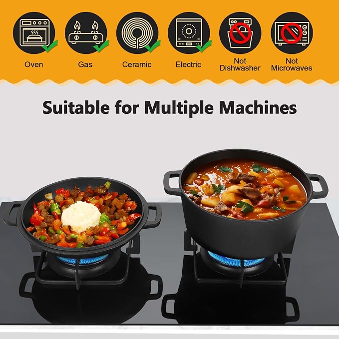 P&P CHEF 2 In 1 Black Dutch Oven Pot with Lid for Bread Baking, 5Qt | Cast Iron Bread Dutch Oven, Skillet & Pot for Roasting Braising Stewing Frying Simmering, Multi Stoves & Oven Safe