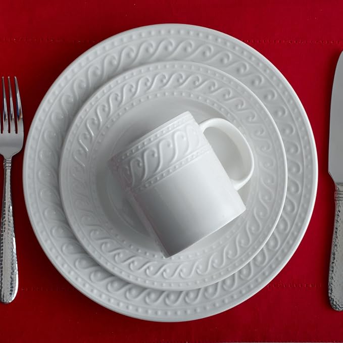 Pfaltzgraff Sylvia Dinnerware Set 32-Piece Service for 8 - White Porcelain Dinner Plates, Salad Plates, Soup Bowls and Mugs with Embossed Scrollwork