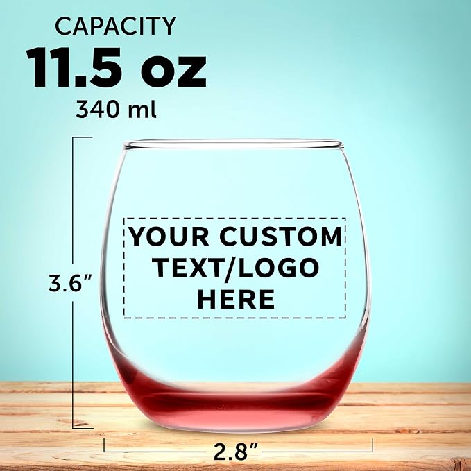 Custom Mikonos Stemless Wine Glasses 11.5 oz. Set of 10/50/100, Personalized Bulk Pack - Restaurant Glassware, Perfect for Red Wine, White Wine, Cocktails - Red