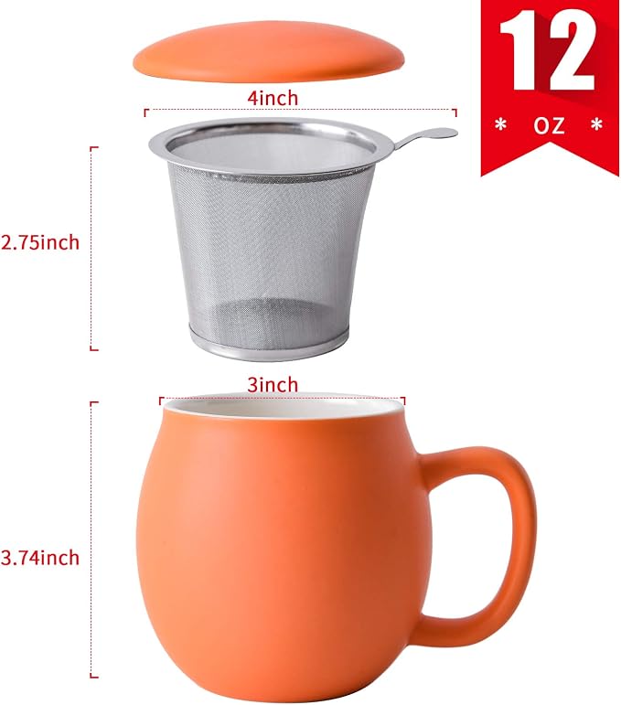 Yundu 12 OZ Matte Orange Ceramics Teacup with Infuser and Lid, Mug with Lid for Steeping - Stainless Steel Infuser for Loose Leaf Tea, Home Office Gift for Tea Lovers