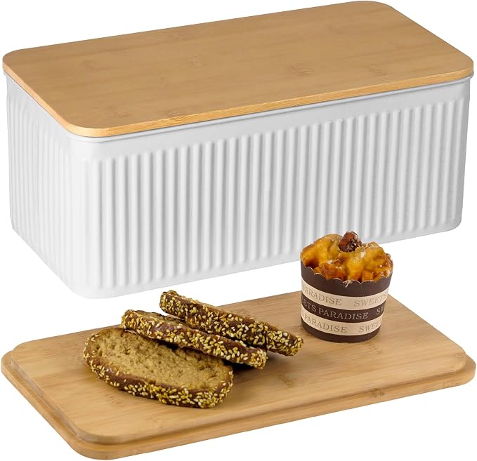 Large White Vertical Stripe Embossed Bread Box with Bamboo Lid | Corner Breadbox for Homemade Bread, Metal Bread Storage Container Bin for Kitchen Countertop