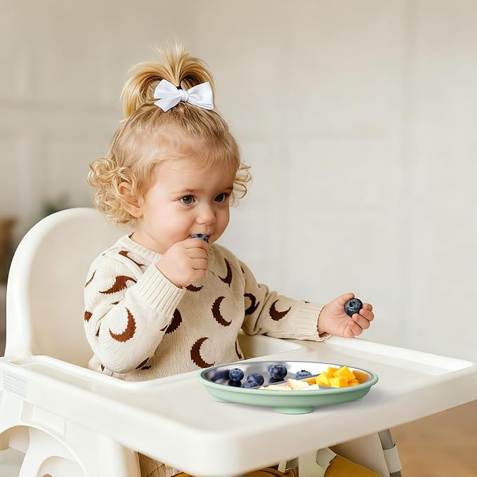 Bakpoco 8" Stainless Steel Toddler Plates with Suction, Divided Plates with Removable Silicone Sleeves for Baby, Non Toxic & BPA Free |Unbreakable |Dishwasher Safe Dinnerware Set of 3, Blue Gray Sage