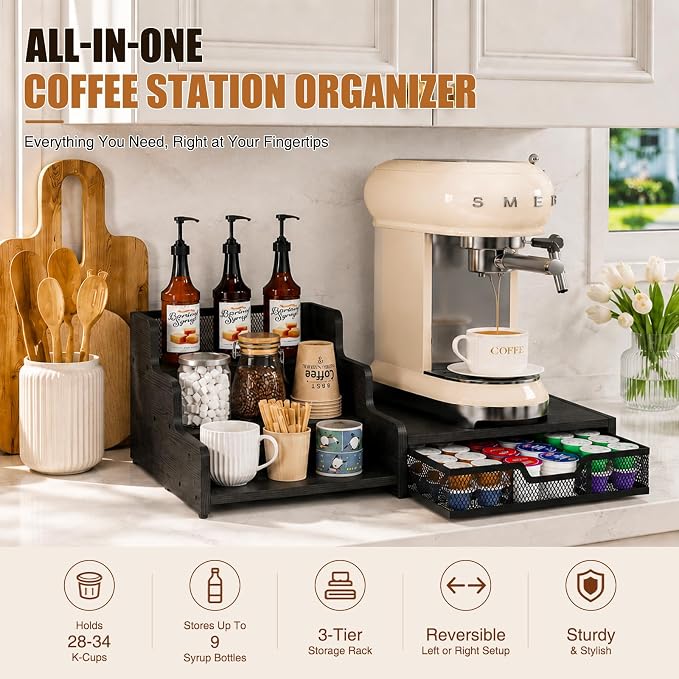 Coffee Station Organizer, 28-Pod K-Cup Holder, Coffee Bar Organizer Black | Coffee Pod Holder Drawer for Countertop,3-Tier Coffee Pod Organizer Stores Pods, Syrups, Cups & Coffee Accessories