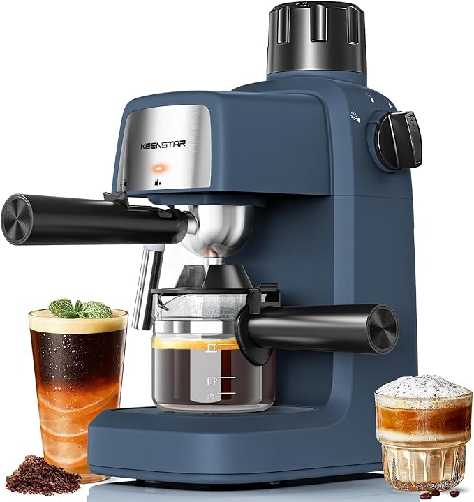 KEENSTAR Espresso Machine 3.5Bar, Compact Expresso Coffee Machines 4-Cup | Milk Frother, 800W Fast Heating, Brew Latte & Cappuccino, Espresso Maker for home, for Coffee Lover, Sapphire