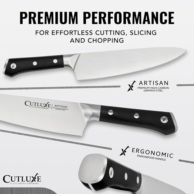 Cutluxe Chef Knife 8" – German High Carbon Steel Kitchen Knife, Full Tang | Ergonomic handle with sheath included; hand-sharpened blade at 56 HRC; slices meat, sushi and vegetables with ease