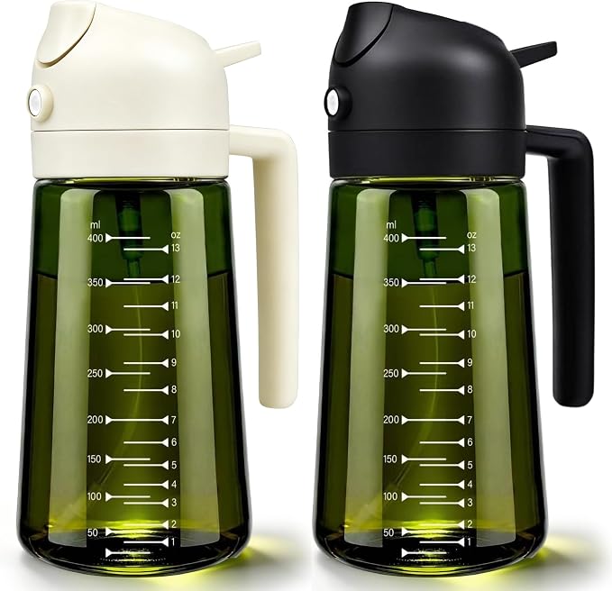 2 in 1 Olive Oil Sprayer and Dispenser, 16oz Glass Oil Spray Bottle with Measurement Marks, grilling spray bottle, Light Blockage Dark Oil Sprayer 2 Pack for Air Fryer, Salad, Cooking, BBQ