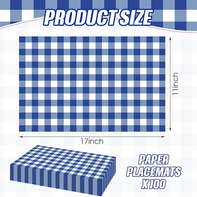 100 Pcs Checkered Paper Placemats Birthday Party Supplies Disposable Placemats for Kids Baby Shower Men Party Decorations Favors 11 x 17 Inch (Blue, White)